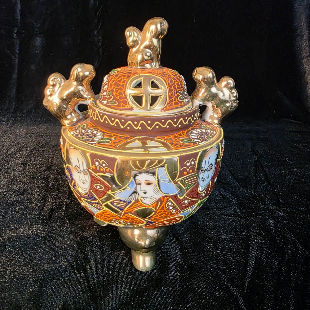VTG Satsuma Five Faces Foo Dogs Porcelain Footed Lidded Koro Incense Jar Marked